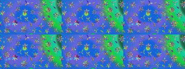 Mavi ve yeşil renklerde. Küçük çiçekteki sevimli çiçek deseni. Raster illüstrasyonu. Soyut çiçek çizim kalıbı arka planı. Raster deseni.