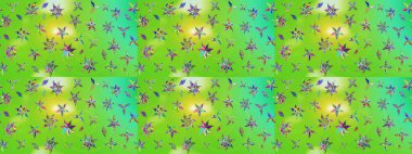 Raster illüstrasyonundaki çiçek desenli çizim. Düz Çiçek Elementleri Tasarımı. Renkli Bahar Teması eskiz kalıbı. Yeşil ve sarı renkte çiçekler.