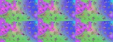 Çiçek süslemeli çizim deseni. Mor ve yeşil renkte çiçekler. Raster illüstrasyonu.