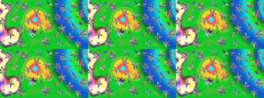 Yeşil ve mavi renkli etnik çiçekli zarif eskiz deseni. Raster Çiçek İllüstrasyon Şirin Tekstil.