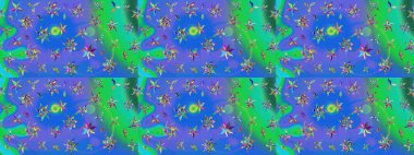 Sketch Colour Spring Theme eskiz kalıbı. Sevimli çiçek raster deseni. Mavi ve yeşil renkli çiçekler. Düz Çiçek Elementleri Tasarımı.