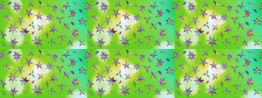 Motley illüstrasyonu. Küçük çiçekte güzel bir desen. Küçük renkli çiçekler. Yeşil ve tarafsız çiçekli bahar çiçekleri. Moda baskıları için zarif bir şablon.