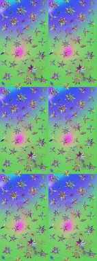 Küçük çiçekte hoş bir çiçek deseni var. Parlak çiçekli yeşil ve mavi renkler üzerine soyut çizim deseni. Çiçek elementli zarif raster dokusu..