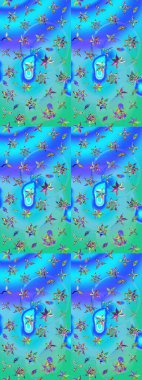 Mavi ve yeşil renkli güzel çiçekli çizim deseni, suluboya çiçek deseni, duvar kağıdı, kart ya da kumaş için fayanslı. Raster..