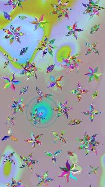 Tarafsız ve gri renklerdeki çok renkli ve gri zarif küçük çiçekler ve komik böcekler, raster desen, illüstrasyon.