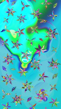 Mavi ve yeşil renkte etnik çiçeklerle süslenmiş zarif bir eskiz şekli. Asya Tekstil 'inde Raster Çiçek İllüstrasyonu.