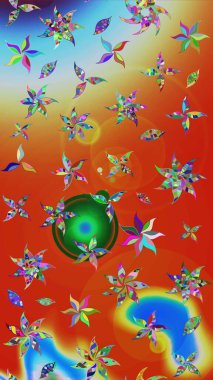 Raster Güzel kumaş deseni. Raster suluboya deseni, narin çiçekler, turuncu ve kırmızı çiçekler, tebrik kartı şablonu..