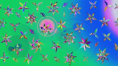 Soyut etnik raster çizim kalıbı. Vadinin yeşil ve mavi renkli çiçekleri. Çiçekler..