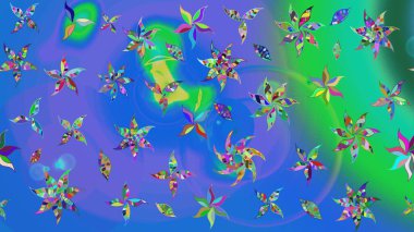 Çiçekli karalama şeklinde Raster çiçek deseni. Mavi ve yeşil renkli çiçekler. Nazik, sevimli çiçek arkaplanı..