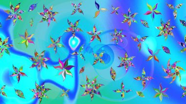 Mavi ve yeşil renkli çiçekler. Şatafatlı bahar bahçesi dokusu. Çiçek deseni. Raster illüstrasyonu. Mavi ve yeşil renkte çiçek çizimi.