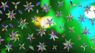 Manzaralı çiçek deseni. Sevgililer günü ve tebrik kartı konsepti için şık bir davetiye. Üst manzara, yumuşak yeşil ve mavi renkli. Çiçek kompozisyonu, el boyası, hassas şablon..