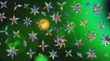 Raster düz çiçek çizim deseni. Hediye ambalaj kağıdı, tebrik kartları, posterler ve pankart tasarımı. Yeşil ve gri renkte çiçekler.