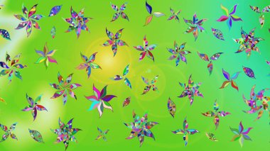 Şirin çiçekli eskiz deseni ve yeşil ve sarı renkli yapraklar, suluboya çiçek deseni, duvar kağıdı, kart veya kumaş için fayanslı. Raster illüstrasyonu.