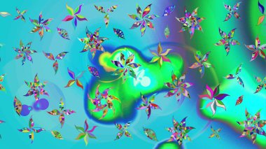 Raster illüstrasyonundaki çiçek desenli çizim. Suluboya tarzında mavi ve yeşil renkte çiçekler.