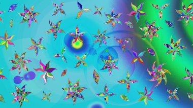 Renkli Bahar Teması eskiz kalıbı. Mavi ve yeşil renkli çiçekler. Düz Çiçek Elementleri Tasarımı. Güzel çiçek deseni..