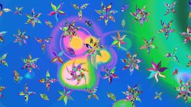 Düz Çiçek Elementleri Tasarımı. Renkli Bahar Teması eskiz kalıbı. Mavi ve yeşil renkli çiçekler. Sevimli çiçek raster deseni.