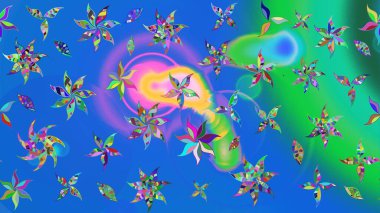 Renkli Bahar Teması eskiz kalıbı. Raster illüstrasyonundaki çiçek desenli çizim. Düz Çiçek Elementleri Tasarımı. Mavi ve yeşil renkte çiçekler.