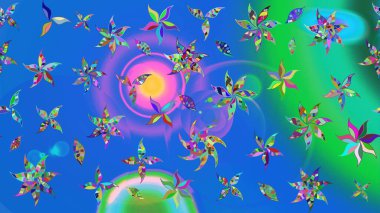 Küçük çiçekte güzel bir desen. Moda baskıları için zarif bir şablon. Küçük renkli çiçekler. Motley illüstrasyonu. Mavi ve yeşil çiçekli bahar çiçekleri.