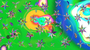 Çiçek desenli çizim. Yeşil ve mavi renkte çiçekler. Raster illüstrasyonu. Raster illüstrasyonu. Asya tekstil tarzında.