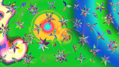 Yeşil ve mavi renkli etnik çiçekli zarif eskiz deseni. Raster Çiçek İllüstrasyon Şirin Tekstil.