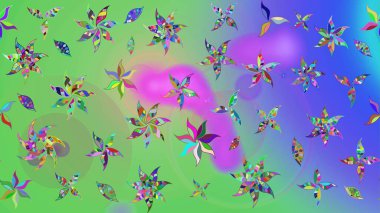 Renkli Bahar Teması eskiz kalıbı. Düz Çiçek Elementleri Tasarım Raster illüstrasyonu. Yeşil ve mor renkli çiçekler. Çiçek eskiz kalıbı geçmişi.