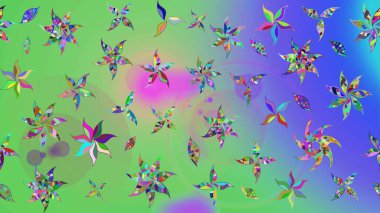 Patlayan çiçekler soyut olarak yerleştirilmiş. Raster deseni. Yumuşak, bahar çiçekleri yeşil ve mavi renklerde. Raster illüstrasyonu.