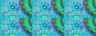 Çiçekli zambakların eskiz geçmişi. Parlak çiçekli kolaj çiçekleri mavi ve yeşil. Çiçek tasarımı için inanılmaz kolaj cennet tarzı..