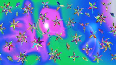 Çiçekler. Soyut etnik raster çizim kalıbı. Vadinin mavi ve menekşe rengi çiçekleri.