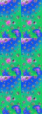 Raster illüstrasyonundaki çiçek desenli çizim. Mavi ve yeşil renkte çiçekler.