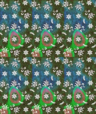 Raster illüstrasyonu. Şirin çiçekli eskiz deseni ve yeşil ve mavi renkli yapraklar, suluboya çiçek deseni, duvar kağıdı, kart veya kumaş için fayanslı.