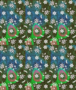 Raster illüstrasyonu. Şirin çiçekli eskiz deseni ve yeşil ve mavi renkli yapraklar, suluboya çiçek deseni, duvar kağıdı, kart veya kumaş için fayanslı.