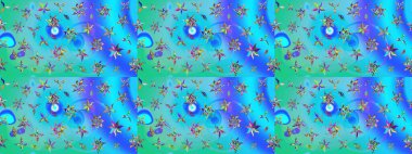 Mavi ve yeşil renkte çiçek çizimi. Çiçek deseni. Mavi ve yeşil renkli çiçekler. Raster illüstrasyonu. Şatafatlı bahar bahçesi dokusu.