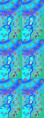 Çiçek mavisi ve yeşil çizim deseni. Raster çiçek izi. Raster Yumuşak kumaş deseni. Klasik taslak çizimi.