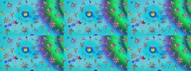 Suluboya çizimi. El çizimi. Mavi ve yeşil renkli çiçekler. Çiçekli çizim deseni.