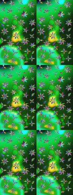 Raster Floral Illustration, Asyalı tekstil. Yeşil ve mavi renkli etnik çiçeklerle zarif bir eskiz deseni.