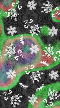 Raster illüstrasyonu. Tropik çiçek desenleri. Gri ve yeşil renkte çiçekler.