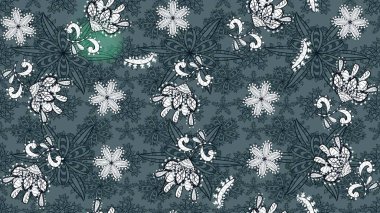 Raster illüstrasyonu. Çiçekli karalama şeklinde Raster çiçek deseni. Yeşil ve mavi renklerde bahar çiçekleri..