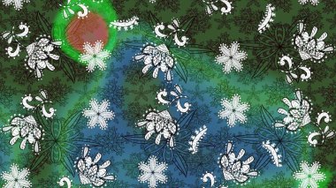 1950-1960 motifleri. Çiçekli ipek eşarp. Retro tekstil tasarım koleksiyonu. El çizimi çiçek unsurları olan soyut çizim raster deseni. Yeşil ve mavi, yeşil ve mavi.