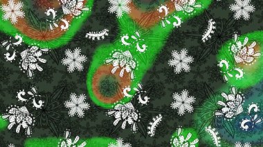 Raster illüstrasyonu. Çiçek desenli çizim. Yeşil ve gri renkli çiçekler. Raster illüstrasyonu. Asya tekstil tarzında.