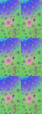 Düz Çiçek Elementleri Tasarımı. Raster illüstrasyonu. Renkli Bahar Teması eskiz kalıbı. Yeşil ve mavi renkte çiçekler. Çiçek desenli çizim. Asya tekstil tarzında.