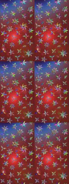 Elle çizilmiş çiçek desenli Raster çizimi. Tekstil, kumaş, ambalaj, hatıra defteri için hoş bir çiçek arkaplanı. Kahverengi ve kırmızı arka planda. Çocuksu tasarım.