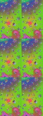 Raster deseni. Raster illüstrasyonu. Yumuşak, yeşil ve mor renkli yaz çiçekleri. Küçük çiçekte sevimli çiçek deseni var..