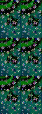 Asya tekstil tarzında. Renkli Bahar Teması eskiz kalıbı. Çiçek desenli çizim. Düz Çiçek Elementleri Tasarımı. Raster illüstrasyonu. Yeşil ve mavi renkte çiçekler.