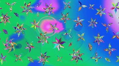 Renkli Yaz Temalı eskiz kalıbı. Yeşil ve mavi renkte çiçekler. Düz Çiçek Elementleri Tasarımı. Sevimli çiçek raster deseni.