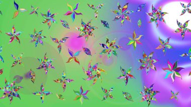 Yumuşak, bahar çiçekli arka plan. Çiçekli karalama şeklinde Raster çiçek deseni. Yeşil ve mor renkte çiçekler.