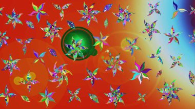 Hediye ambalaj kağıdı, tebrik kartları, posterler ve pankart tasarımı. Çiçekler turuncu ve kırmızı renklerde. Raster düz çiçek çizim deseni.