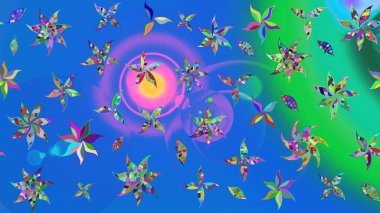 Mavi ve yeşil renkli çiçekler. Renkli Bahar Teması eskiz kalıbı. Düz Çiçek Elementleri Tasarımı. Güzel çiçek deseni..