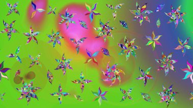 Raster illüstrasyonu. Çiçek duvar kâğıdı. Yeşil ve mor renkli şirin tekstil tarzında. Çiçek arkaplan. Renkli çizim deseni.