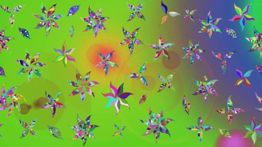 Raster illüstrasyonundaki çiçek desenli çizim. Çiçekler suluboya tarzında yeşil ve mor renkte.