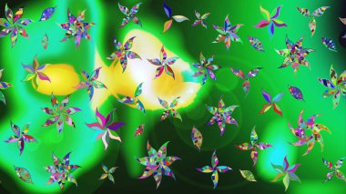 Düz Çiçek Elementleri Tasarımı. Yeşil ve gri renkli çiçekler. Raster illüstrasyonundaki çiçek desenli çizim. Renkli Bahar Teması çizim şablonu.